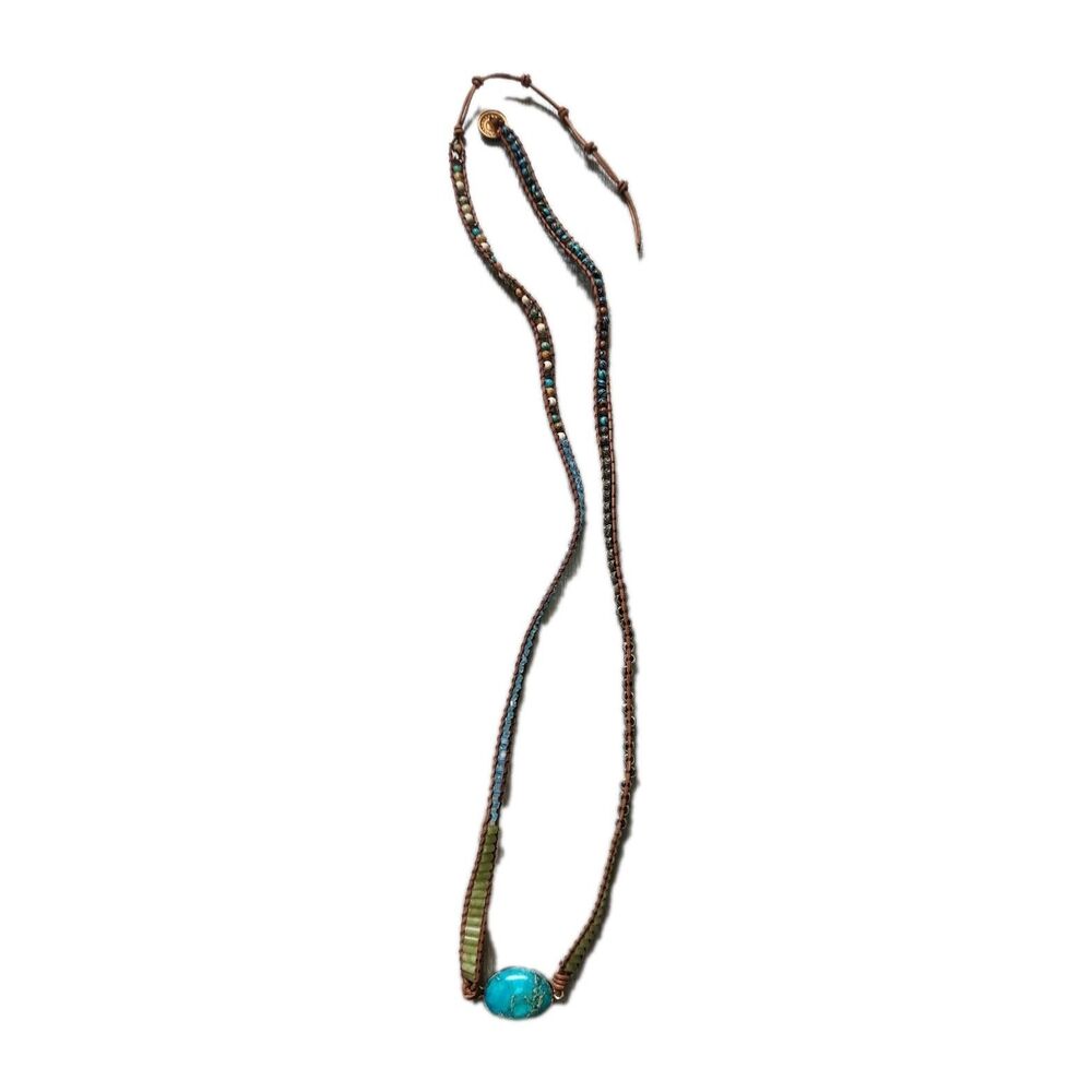 Boho Turquoise Stone Beaded Wrap Necklace Leather Cord Adjustable Artisan Style
